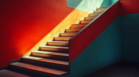 Brightly lit staircase in a colorful interior with contrasting walls during the dayの素材