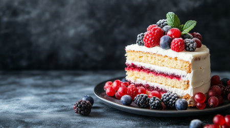 Layered cake topped with fresh berries and mint on a black plateの素材
