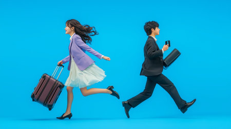 Couple running with luggage on a bright blue background during a busy travel dayの素材