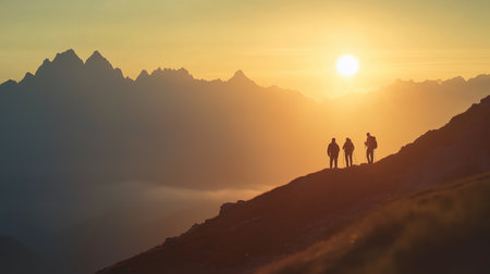Hikers enjoying a sunset view over mountains in a serene landscapeの素材