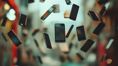 A collection of smartphones suspended in mid-air in a bustling urban setting during daylightの素材