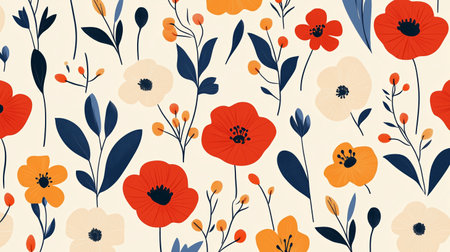 Colorful floral pattern with red, orange, and white flowers on a cream backgroundの素材