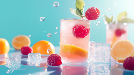 Refreshing raspberry lemonade served with ice and lemon slices on a vibrant blue backgroundの素材