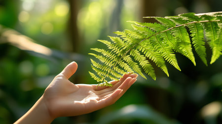 A person gently touching a fern in a lush green forest during daylightの素材