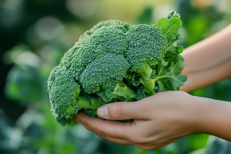 A person harvesting fresh broccoli in a green garden during the daytimeの素材