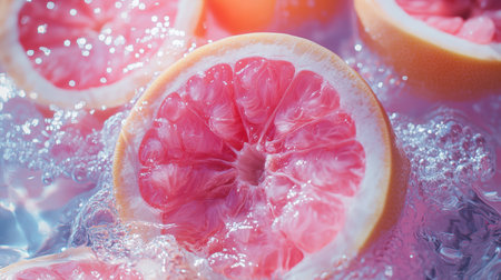 Fresh pink grapefruit slices floating in clear water with bubblesの素材