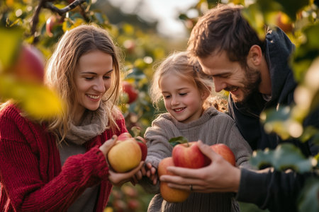 Family enjoying apple picking together at an orchard in autumnの素材