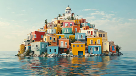 Colorful seaside houses on a picturesque island surrounded by calm waters during a sunny dayの素材