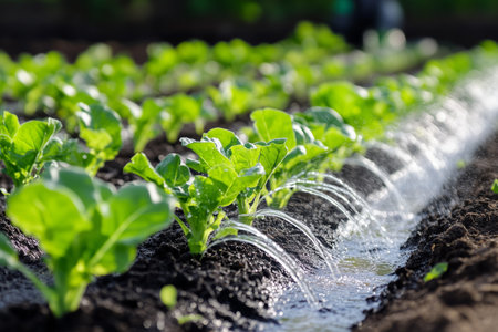 Fresh green vegetables being irrigated in a sunny garden during the growing seasonの素材
