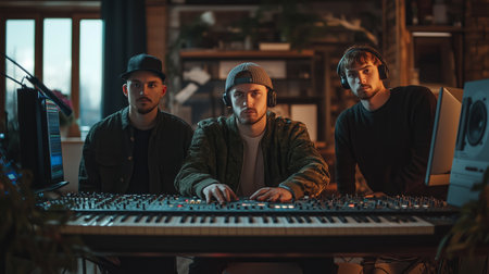 Three musicians collaborate in a home studio at night, creating electronic music with a synthesizer and sound equipmentの素材