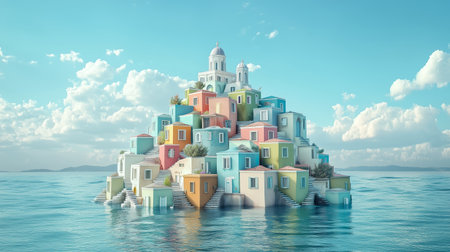 Colorful houses on a hill surrounded by water under a blue skyの素材