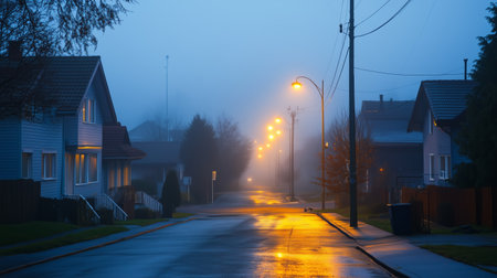 Misty evening street view with glowing lamps in a calm residential neighborhoodの素材