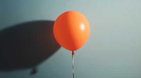 Bright orange balloon floating against a blue wall with a distinct shadow in a well-lit settingの素材