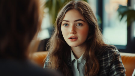 Young woman engages in conversation at a cozy cafe during daylight hoursの素材