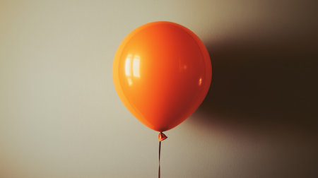 Bright orange balloon floating against a neutral wall in a soft-lit settingの素材