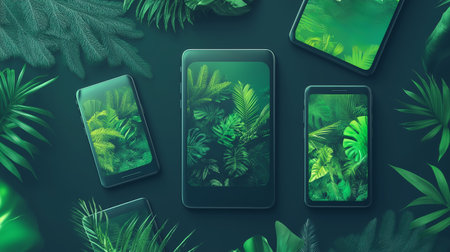 Multiple devices displaying vibrant green foliage against a dark background in a lush digital environmentの素材