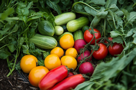 Freshly harvested vegetables including cucumbers, tomatoes, and radishes in a garden settingの素材