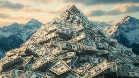 Pile of cash against a mountain backdrop during sunsetの素材