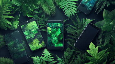 Smartphones surrounded by vibrant green leaves depicting tropical themes in a flat lay arrangementの素材