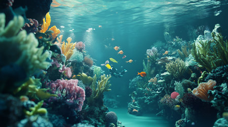 Vibrant coral reef teeming with colorful fish in tropical waters during midday sunの素材