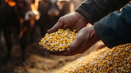 Farmer holding a handful of corn feed for cattle at dawn in a rural settingの素材