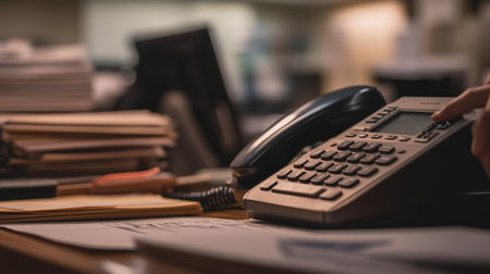 Office desk with telephone and paperwork during a busy workdayの素材