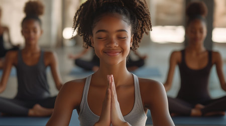 Young woman practicing yoga in a serene studio with other participants during a morning classの素材