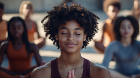 Youth practicing mindfulness in a group yoga session outdoors during a sunny dayの素材