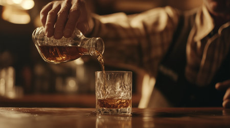 Bartender pouring whiskey into a glass at a rustic bar in the eveningの素材