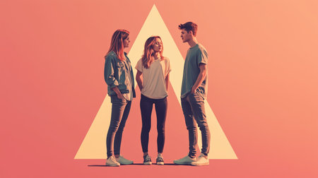 Three friends engage in a lively conversation against a colorful geometric background in a relaxed urban settingの素材