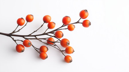 Bright orange berries on a bare branch against a white backgroundの素材