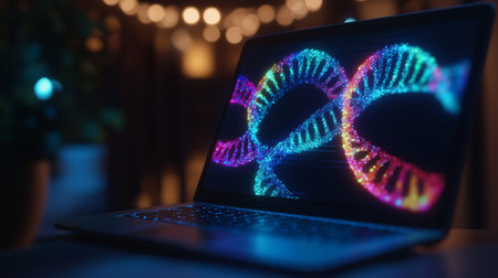 Colorful digital DNA strands displayed on a laptop screen with a blurred background of fairy lightsの素材