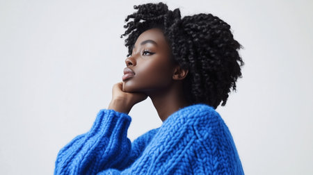 Young woman with natural curly hair poses thoughtfully in a cozy blue sweater against a plain backgroundの素材