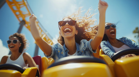Friends enjoying a thrilling roller coaster ride at an amusement park on a sunny dayの素材