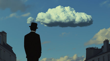 A man in a top hat gazes at a single cloud in the sky above a cityscape during a clear dayの素材