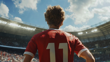 Young soccer player in red jersey looks out over stadium during a sunny day before a matchの素材