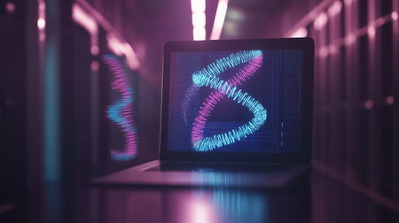 Abstract digital waveform displayed on a laptop in a dimly lit server room during nighttimeの素材