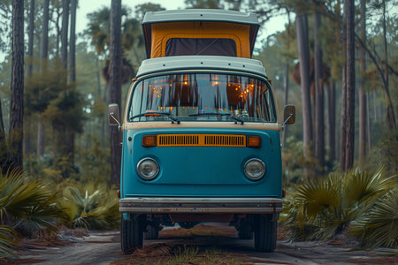 Vintage Camper Van Parked in a Lush Forest During a Misty Morningの素材