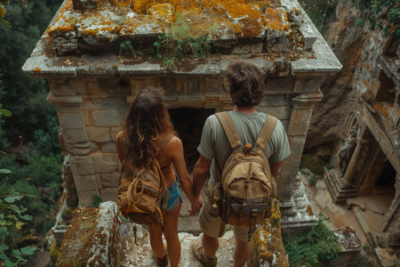 Couple Exploring Historic Ruins in a Lush Forest During Late Afternoonの素材