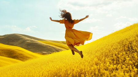 Woman in a yellow dress joyfully leaps in a golden field under a bright sky during the afternoonの素材