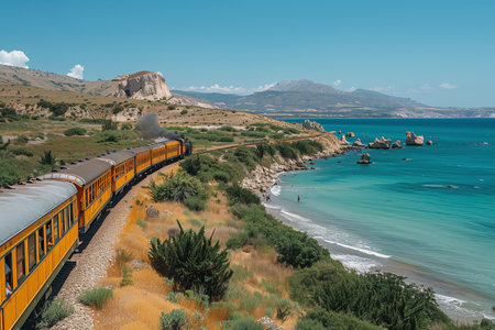 Scenic Coastal Train Journey Along the Turquoise Waters of a Serene Beach at Middayの素材