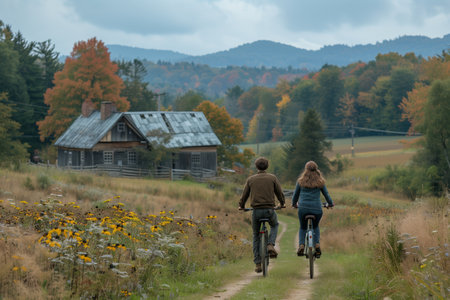 Scenic Bike Ride Through Colorful Autumn Landscape Near Rustic Cabinの素材