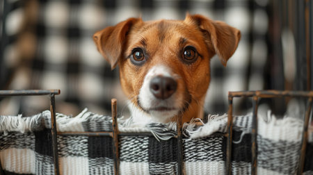 A Small Brown Dog Curiously Looking Out From Behind a Black and White Checkered Blanketの素材