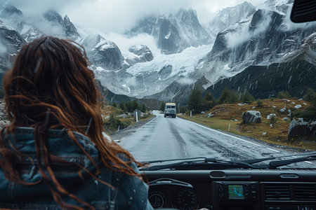 Driving Through Rainy Mountains in Patagonia During a Windy Afternoon Adventureの素材