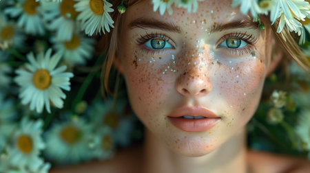 Young Woman With Blue Eyes Surrounded by White Daisies in a Sunlit Fieldの素材
