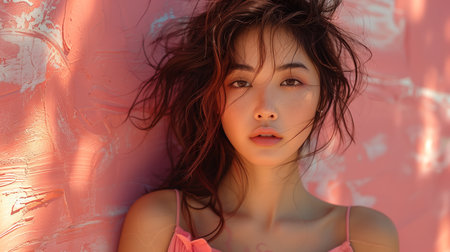 Young Woman Posing Against a Vibrant Pink Wall in Bright Natural Lightの素材