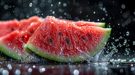 Refreshing Watermelon Slices Splashing in Water Against a Dark Backgroundの素材