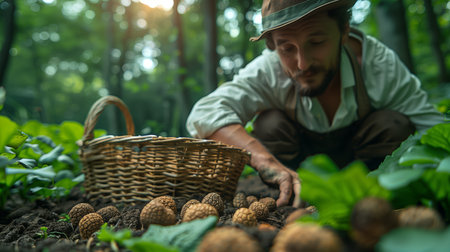 Harvesting Truffles in a Lush Forest During Golden Hourの素材