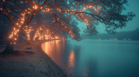 Twinkling Lights on Trees by the Serene Lake Shore at Duskの素材