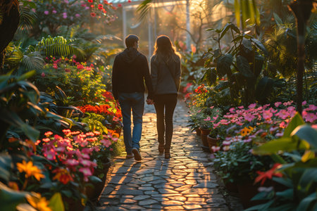 Couple Strolling Hand in Hand Through Colorful Floral Pathway During Golden Hour in Lush Gardenの素材